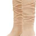 Coutgo Womens Slouchy Knee High Boots Low Kitten Heel Square Toe Tall Boots Fall Winter Shoes