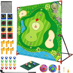 DyBaxa Golf Chipping Game - Golf Battle Game for Kids & Adults, 54*54 Golf Target Mat with 16 Sticky Balls, 8 Bean Bag, 6 Axe, 2 Soccer, Perfect for Family Fun, Outdoor Lawn, Backyard Party Activities
