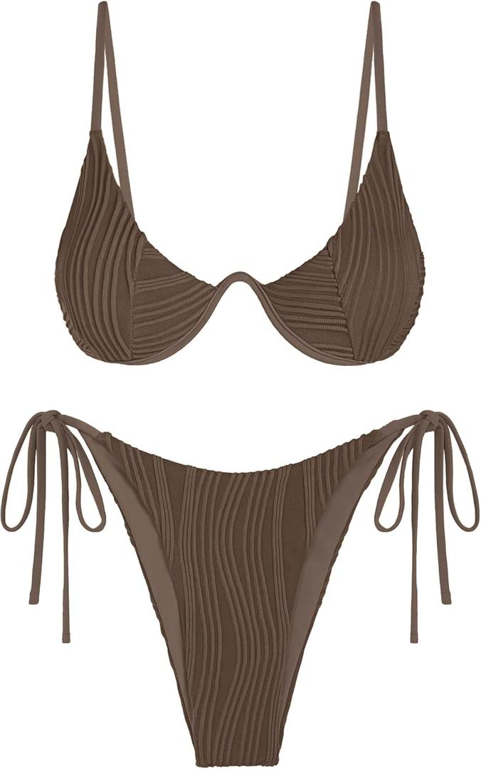 ZAFUL Women's Bikini Sets Ribbed Two Piece Swimsuits Underwire Adjustable Back Clasp Bathing Suit Side Tie Thong Swimwear (X-Large, Deep Coffee)