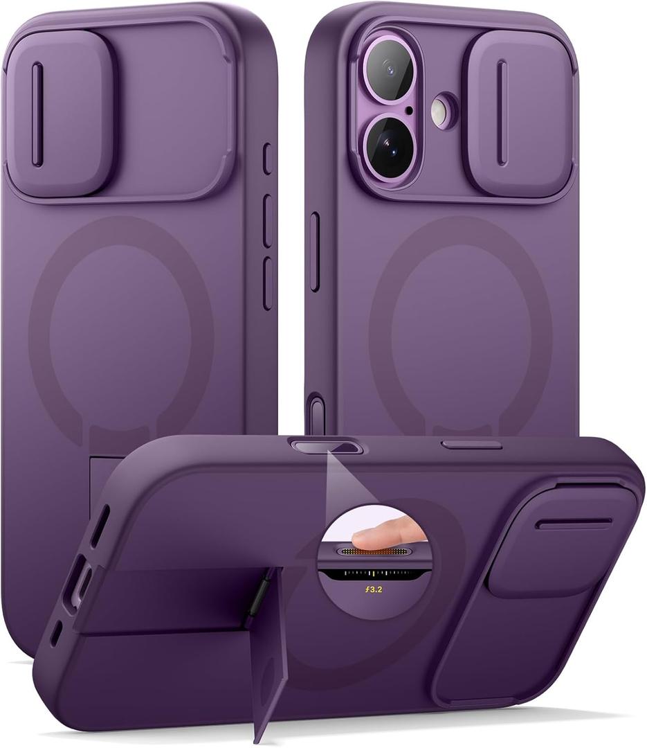 SURITCH for iPhone 17 Case with Camera Control Cover, Camera Slide Cover and Adjustable Kickstand, Compatible with MagSafe, Shockproof Bumper Protective Cases 6.3 Inch, Dark Purple