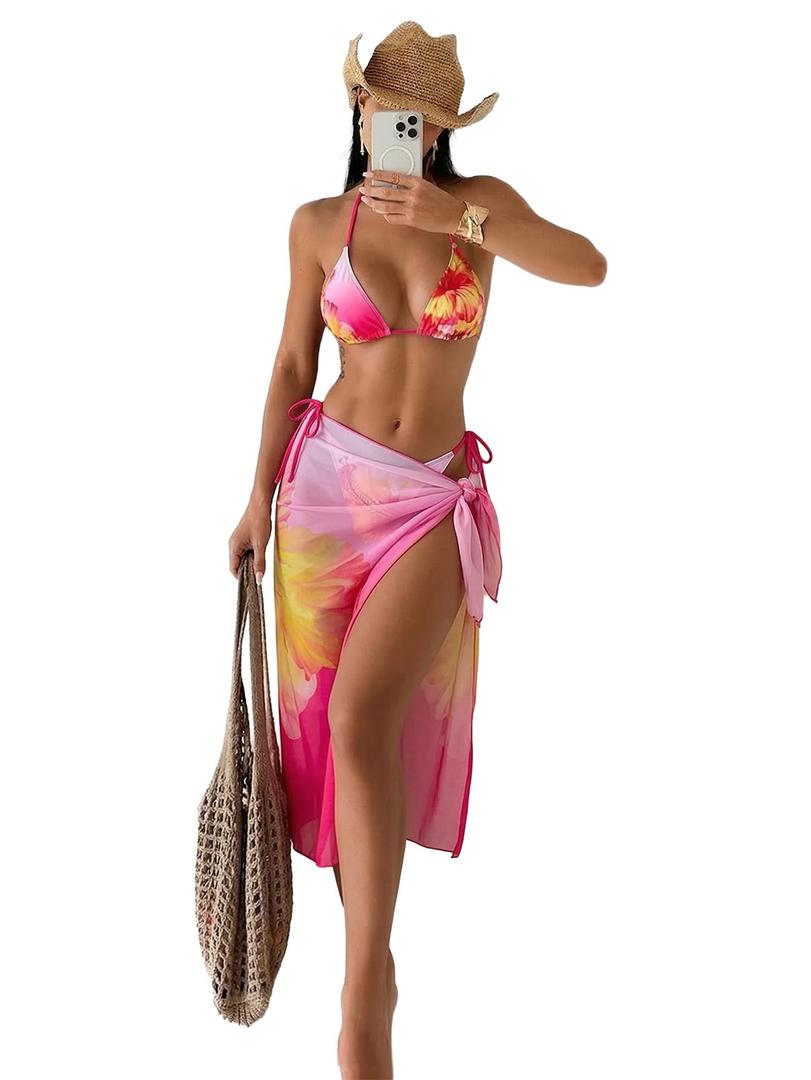 SISKIN 3 Piece Swimsuits for Women Beach Coverup Hawaiian Swimsuits for Women Floral Halter Tie Bikini Pink M (Pink)