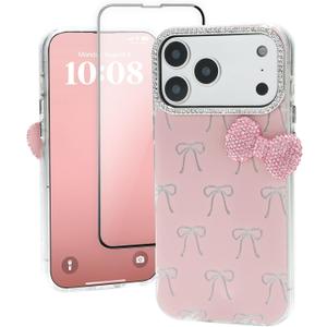 Cute Case for iPhone 17 Pro 6.3" with HD Screen Protector,Pink Glitter Rhinestone Bow Phone Cases,Bowknot Pattern Silicone Protective Camera Shockproof Phone Cover for Women&Girls