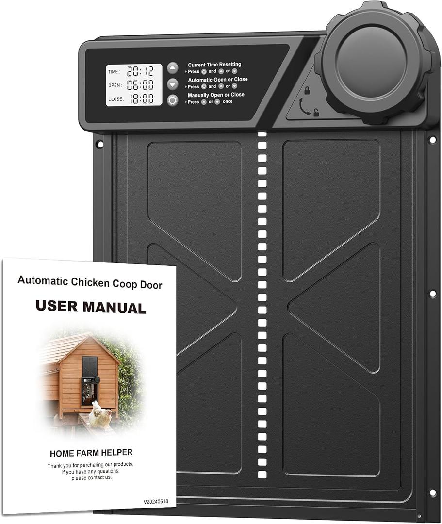 Large Automatic Chicken Coop Door with LCD Display, Aluminum Automatic Chicken Door with Anti-Pinch & Battery Powered, Manual & Timer Mode, Chicken Door for Chickens, Ducks, and Geese
