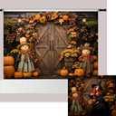 Kate 7x5ft Backyard Wooden Door Pumpkin Decor Photo Backdrops for Photography Autumn Leaves Flowers Puppet Figurine Halloween Photography Background