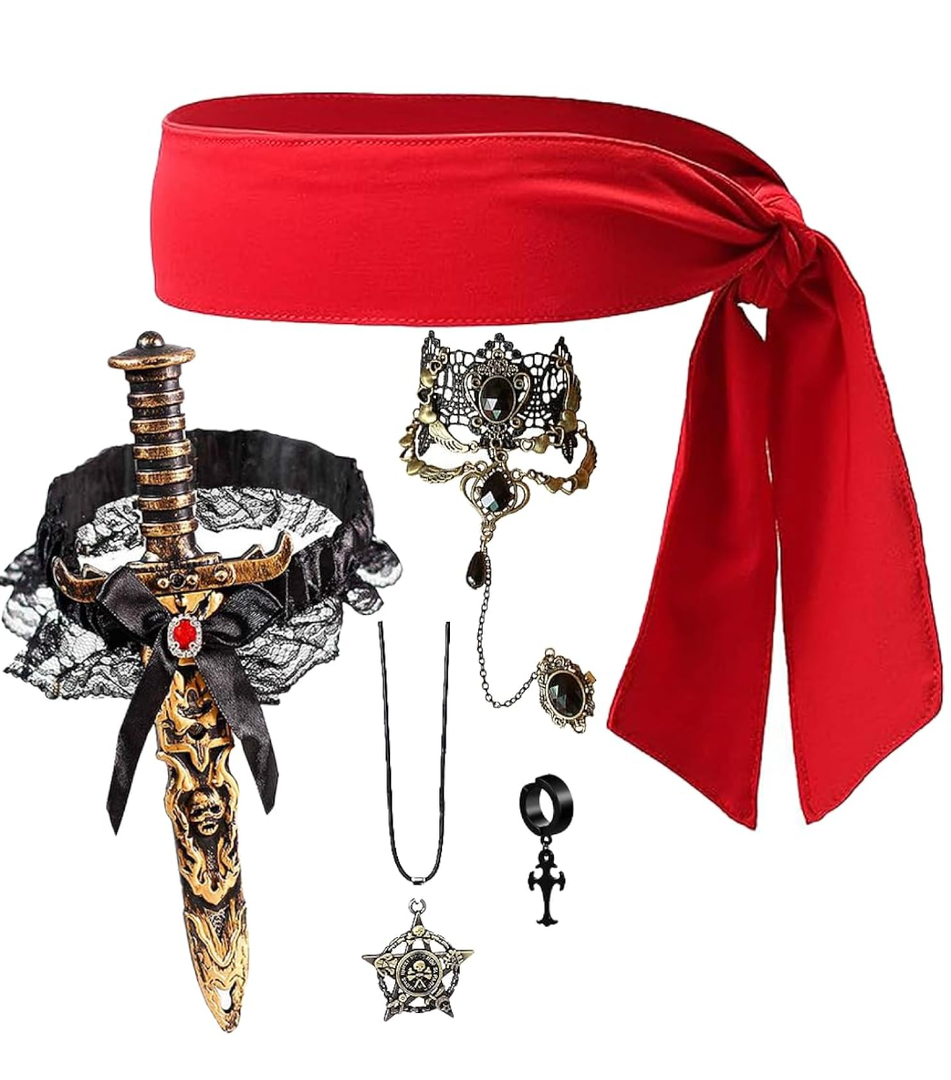 5 PCS Women's Pirate Costume With Head Scarf, Sword, Necklace, Bracelet, and Earrings