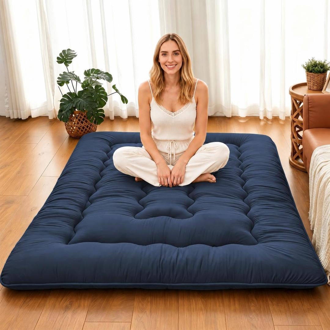 DAICO Japanese Floor Mattress, 4'' Thick Roll Up Futon Mattress Full Size | High Density Foam Tatami Mat, Comfortable Sleeping Pad for Guest Room, Camping & Floor Bed, Removable Cover, Navy, 54''x80''