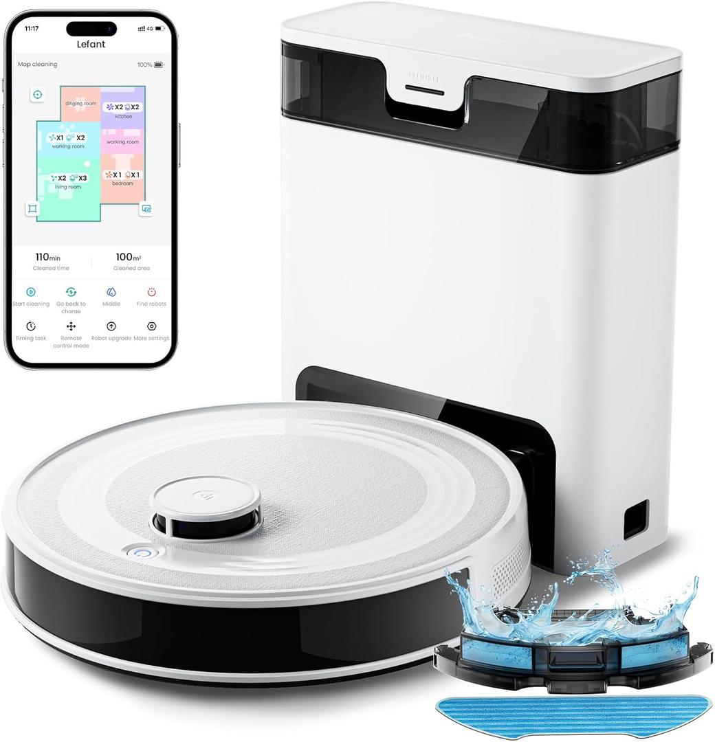 Lefant Robot Vacuum and Mop Combo, 8 Weeks Self-Emptying with Dual Dustbin Options, 6000Pa LiDAR Robotic Vacuum Cleaner with Precision Mapping, 240mins, Carpet Detection, WiFi/App/Alexa, M2S Pro (White)