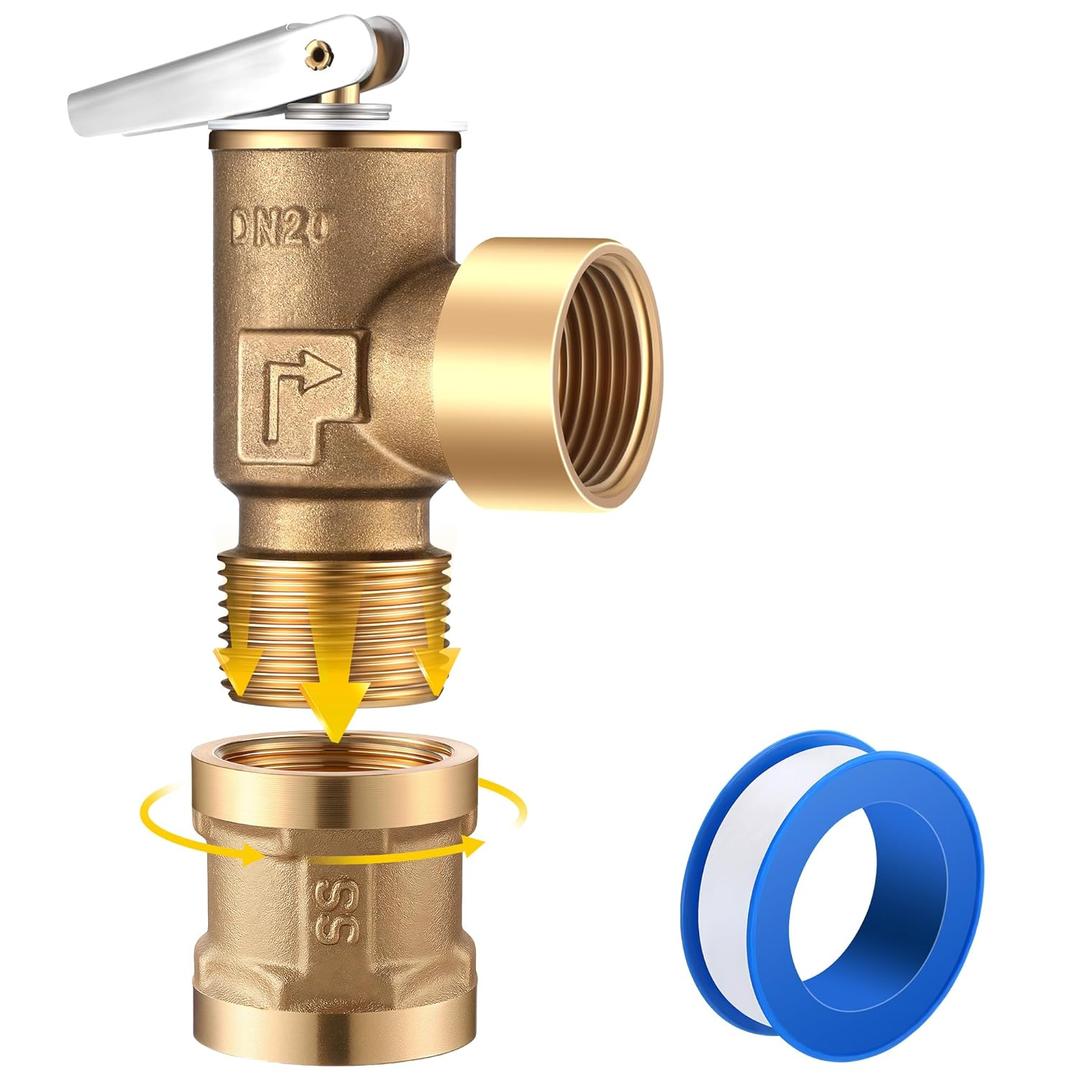 30 PSI Pressure Relief Valve with 3/4" NPT Female Thread Pipe Adapter, 3/4" NPT Brass Boiler Relief Valve with PTFE Thread Seal Tape for Hot Water and Cold Water Systems