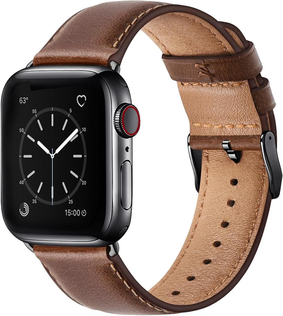 SUNFWR Leather Bands Compatible with Apple Watch Band 42mm(Series 3 2 1) 44mm 45mm 46mm 49mm for Men Women, Top Grain Genuine Leather Replacement Strap for iWatch Ultra 3 2 1, SE3 2 1, Series 11 10 9 8 7 6 5 4 3 2 1 (Coffee Brown/Black)