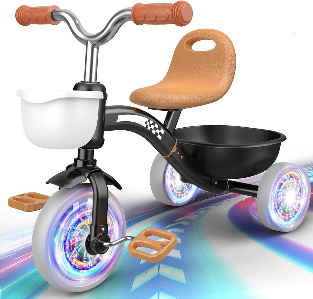 Toddler Tricycle for 1-3 3-4 Year Olds, Toddler Toys Baby Bike, Toys for Ages 2-4, 3-Level Adjustable Seat, 3 Colorful Lighting Wheels, 2 3 4 Year Old Boy Birthday Gifts (Black)