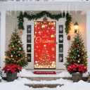 6.6X3FT Red Christmas Door Cover Xmas D-o-o-r Wraps for Front Door Merry Christmas Door Banner Xmas D-oor Cover with Golden Xmas Tree Light and Gifts for Holiday Front Porch Decorations