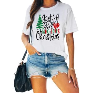 Womens Christmas Shirts Just A Girl Who Loves Christmas T-Shirt Xmas Tree Tee Tops White