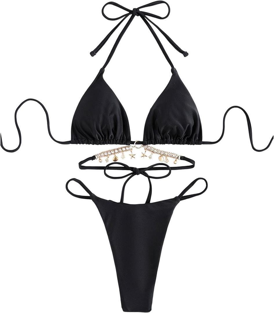 Milumia Women's Triangle String Bikini Set 2 Piece Metal Chain Tie Side Halter Swimsuit High Cut Thong Bathing Suit (Medium, Black)