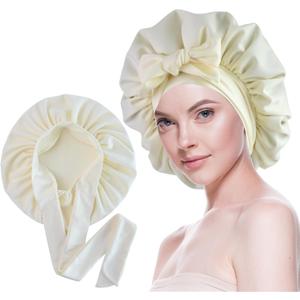 Large Polyester Bonnet for Sleeping Women Curly Hair Bonnet with Elastic Tie Band Hair Wrap Sleep Cap Adjustable Night Cap (Ivory)