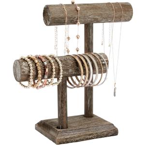 Bright Creations Rustic-Style 2-Tier Wooden Bracelet Holder Display Stand - 8 x 4 x 9 In Dark Brown Rustic Finish - Versatile Jewelry Organizer for Vendors & Home - Bracelet & Necklace Holder