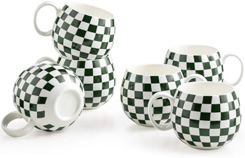 LAUCHUH 18oz Coffee Mugs, Large Coffee Cups Ceramic Checkered Cappuccino Cups with Handle Mug Set of 4 for Thanksgiving, Christmas, Tea, Cocoa, Milk, Green and White