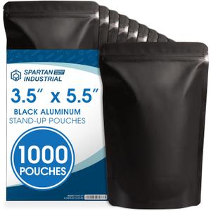Spartan Industrial 3.5" X 5.5" Matte Black Stand-Up Mylar Bags - 1000 Count Small Smell-Proof Bags With Heat Sealable Opening and Resealable Zipper