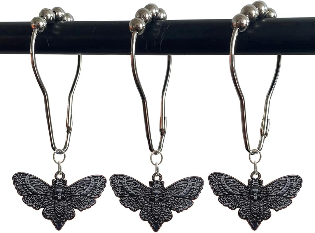 Skull Death's-Head Hawkmoth Shower Curtain Hooks Rings,12Pcs Dead Moth with Skull Face Halloween Rustproof Metal Shower Rings,Gothic Style Insect Theme Home Bathroom Decor (Black)