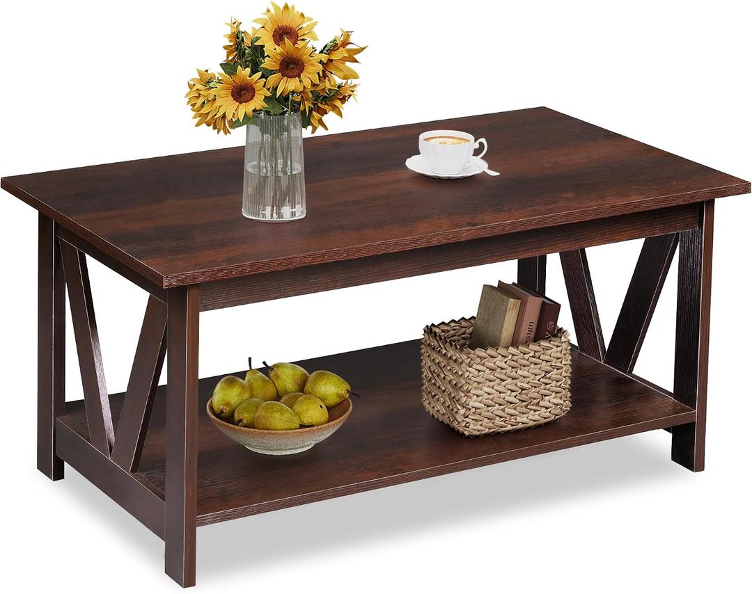 WLIVE Coffee Table with Storage Shelf, 39.4" Farmhouse Coffee Table with V-Frame Support, 2-Tier Wood Rustic Center Table for Living Room, Bedroom & Balcony, Espresso, 39.4in
