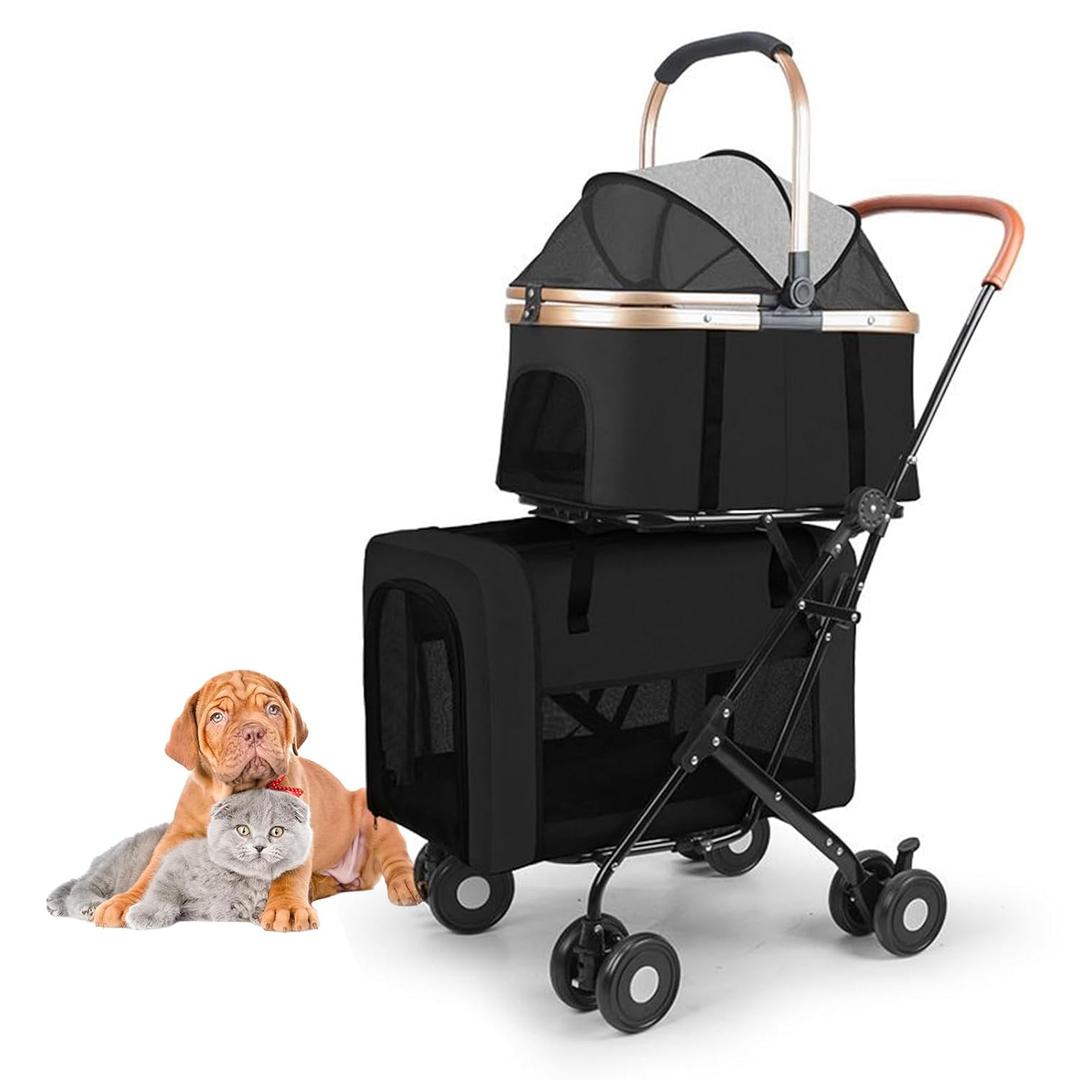 Double Pet Stroller for 2 Dogs or Cats - with 2 Detachable Carrier Cages, Portable Double Dog Strollers with 4 Lockable Wheels for Small Medium Dogs, Travel Cart,Foldable, Sturdy (Black)
