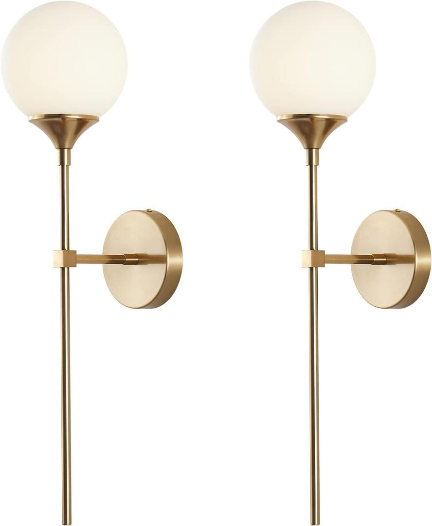 KCO Mid-Century Modern Wall Mounted Sconces Set of 2 Brushed Gold Globe Vanity Light Fixture Long Arm Industrial Bathroom Lighting Fixtures Over Mirror (White)