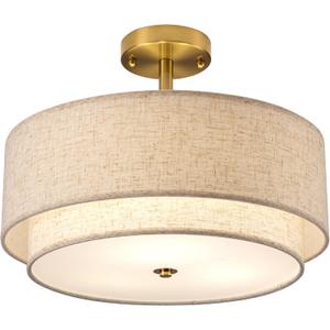 16" Semi Flush Mount Ceiling Light Fixture,Modern Close to Ceiling Light, 3-Lights Gold Drum Ceiling Light with Linen Fabric Shade for Bedroom Living Dining Room Hallway Entryway Foyer