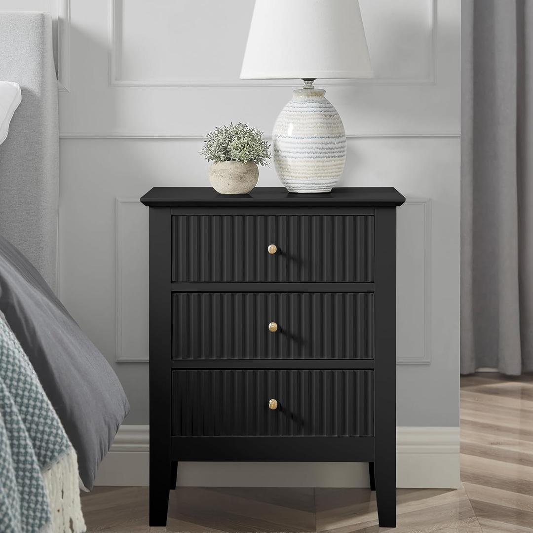 OCANDO Fluted Black Nightstand 19", 3 Drawers Night Stand, Bed Side End Table for Small Living Room, Modern Bedroom Storage Cabinet