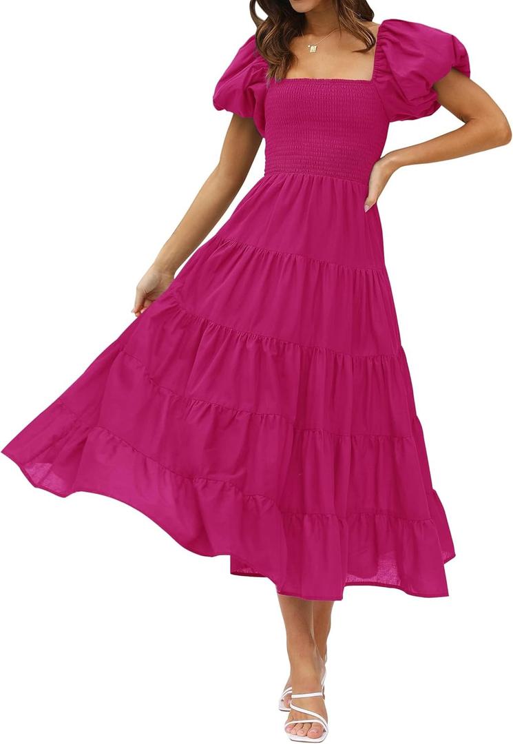 ZESICA Women's 2025 Summer Square Neck Short Puff Sleeve Solid Color High Waist Casual Smocked Flowy A Line Tiered Midi Dress, M