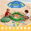 Turtle Sandbox with Lid and Adjustable Umbrella, Large Square Sand Box with 6 Molds & 4 Shovels, Outdoor Beach Toys for Toddlers Ages 3+