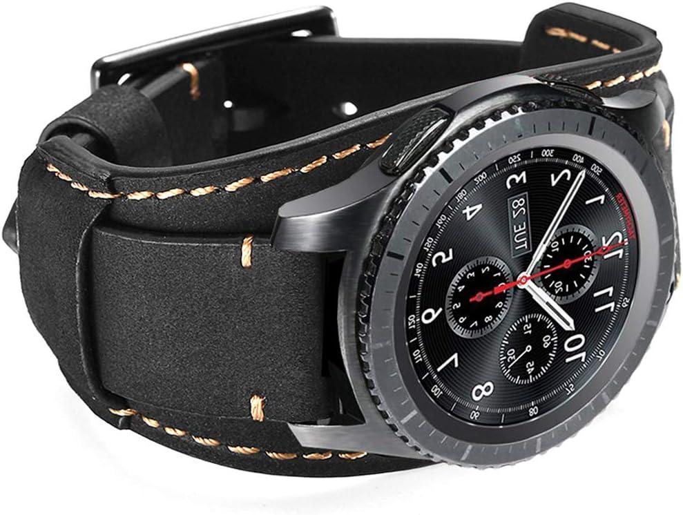Compatible with Samsung Galaxy Watch 7/6/5/4/Watch 42mm/Watch 3 41mm/Active 40mm/Active 2/Gear S2 Classic/Sport /Fossil Q Gazer/Ticwatch 2/Garmin Vivoactive 3 Bands, 20mm Vintage Cuff Genuine Leather Band Strap for Men Women (Black)