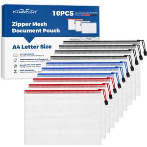 Charmount A4 Mesh Zipper Pouch Bags, Waterproof Plastic Document Organizer Folders, Multipurpose File Bags for Office, School, Toys, Board Games, Puzzles, Travel, and Home Storage Supplies-10 Pack