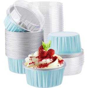 EUSOAR Aluminum Cups with Lids, 50pcs 5oz 125ml Foil Cupcake Baking Cups Oven Safe Ramekins, Muffin Liners Creme Brulee Containers Disposable Ramekins Pans Cupcake Holders (Blue)