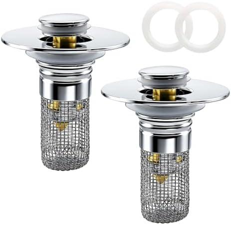 Bathroom Sink Drain Strainer, Pop-up Sink Drain Strainer with Removable Stainless Steel Strainer Basket Hair Catcher, Bathroom Sink Stopper, 3Packs