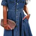 AprPith Women Denim Shirt Dress V Neck Short Sleeve Long Bottom Down A-Line Jeans Dresses with Pockets, L