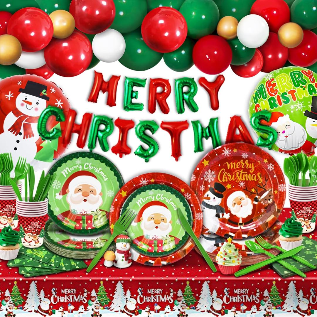 Party Spot! 240 pcs Christmas Party Decorations Kit, 24 Sets of Disposable Dinnerware, Christmas Paper Plates, MERRY CHRISTMAS Balloons, Tablecloth, New Year Party Supplies Indoor