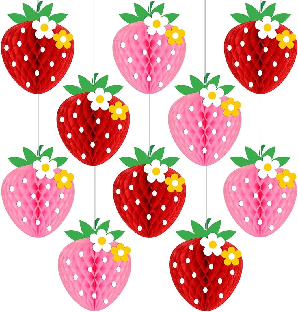 10 Pcs Strawberry Birthday Party Decorations Strawberry Honeycomb Balls Berry Fruit Theme Table Centerpieces Hanging Paper Decorations Tissue First Party Supplies for Baby Shower