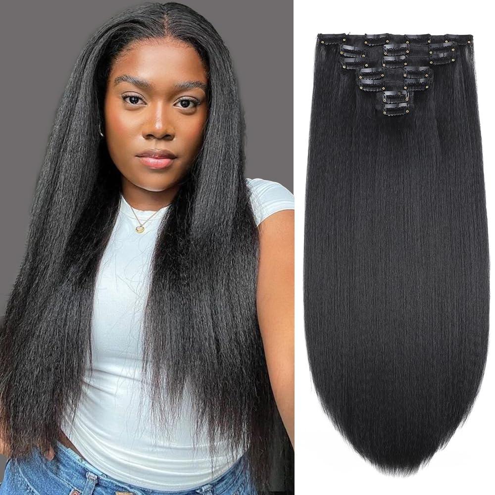 Kinky Straight Clip in Hair Extensions for Black Women Full Head Yaki Straight Clip Ins Synthetic Hair Extensions 14 Inch 7pcs/set Natural Black120 Gram/with 16 Clips