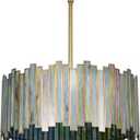 Drum Chandelier 4-Light, Brass Gold Tiffany Pendant Lighting Fixture with Stained Gradient Green Glass Shade, 16 Round Ceiling Hanging Lamp Kitchen Island Bedroom Dining Living Room