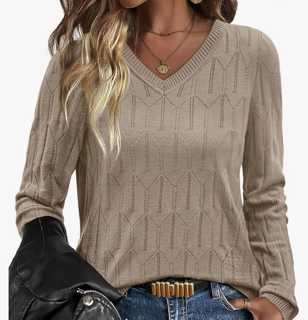 OFEEFAN Women's Sweaters Long Sleeve Shirts Fall Outfits 2025 V Neck Soft Knit Pullover Trendy Tops Dressy Casual Blouses, M