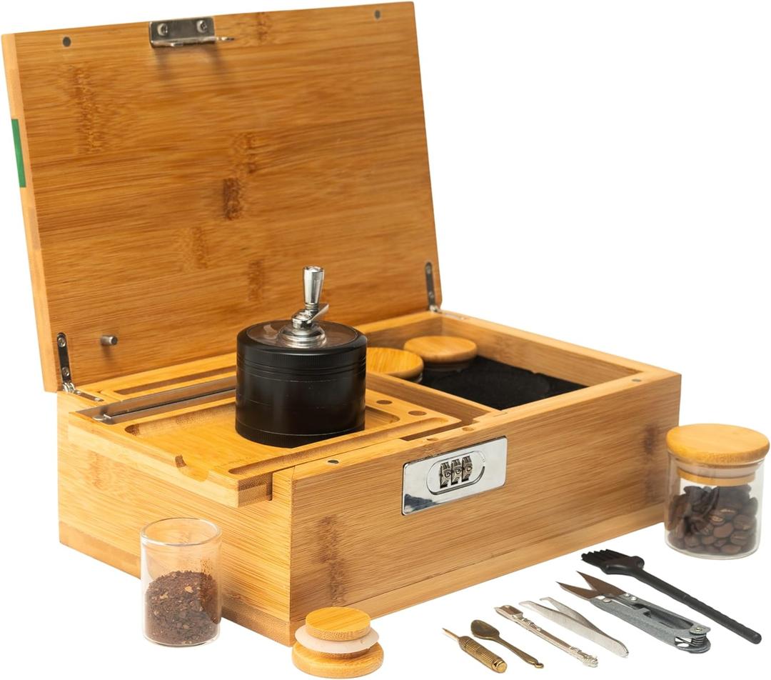 ALTA VIBES Large Bamboo Storage Box - With Lock, Smell Proof Jars, Tray - Grinder, Decorative Wooden Organizer, 4 Smell Proof Glass Jars & Accessories (Green)