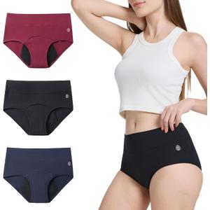 Leakproof Underwear for Women Incontinence, Leak Proof Protective Menstrual Postpartum Underwear, High Absorbency Period Panties, 3Pack Purpel/Red/Blue (M)