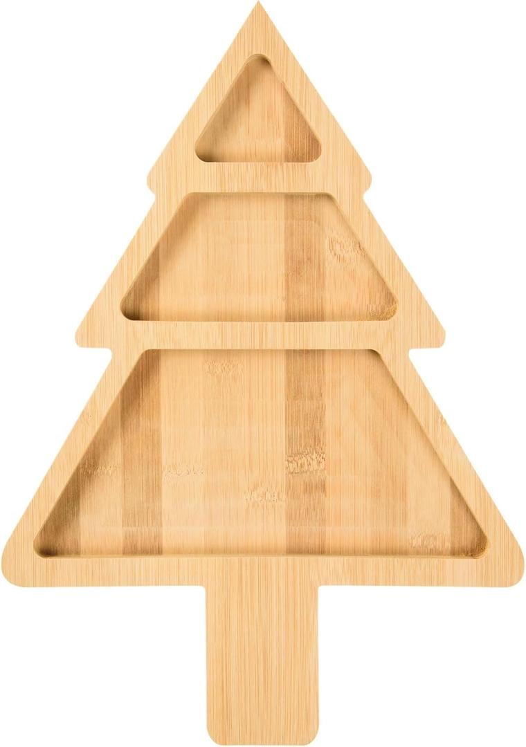 Christmas Bamboo Serving Platter Christmas Tree Shape Wooden Serving Tray Multiple Spaces Charcuterie Board Holiday Decorative Serving Appetizer Platters for Home Candy Snack Salad Food,15.6x11x0.79