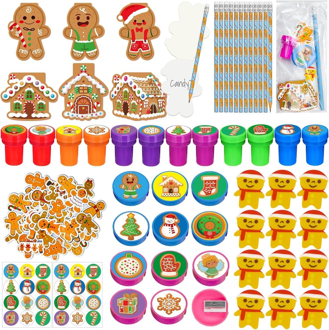 194 Pcs Christmas School Stationery Set Xmas Classrooms Exchange Stationery Party Favors Class Reward Prizes Notebooks Pencils Sharpener Erasers Stickers Stamps for Party Supplies (Gingerbread)