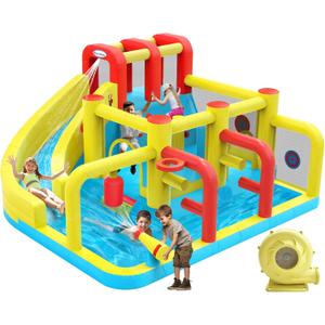 Inflatable Bounce House Water Slide,12.5ft x 11.4ft,Long Slide,Basketball Hoop,Fun Central Obstacle,Throw Ball Game,Tunnels, Climbing,Water Cannon,Inflatable sandbags.