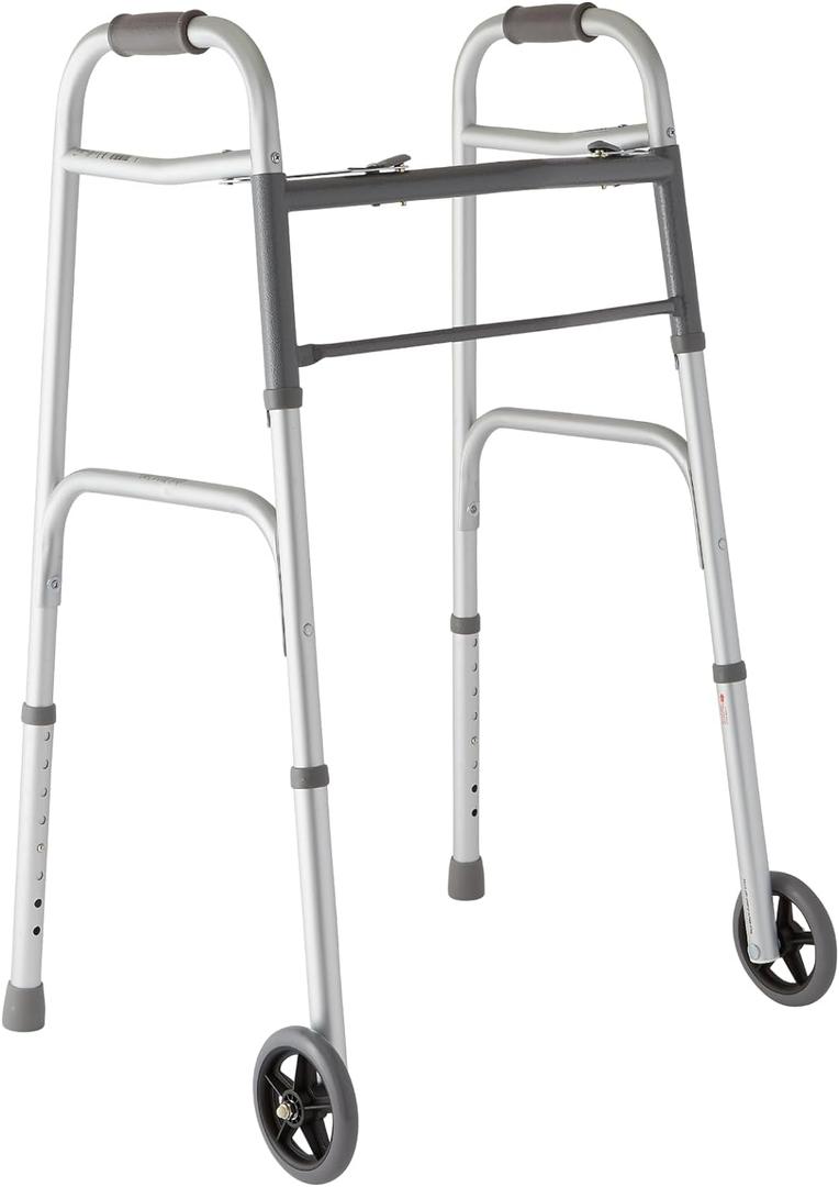 Medline Lightweight Two Button Folding Walker with 5" Wheels, Aluminum Frame Supports up to 300 lbs (1 Count (Pack of 1), Metallic)
