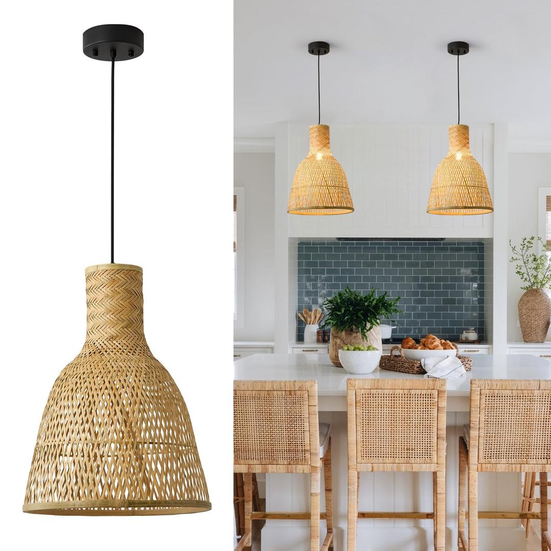 Natural Bamboo Pendant Light, 13.8in Boho Rattan Basket Pendant Lamp, Rustic Farmhouse Hand Woven Hanging Light Fixture for Kitchen Island, Dining Room, Living Room, Bedroom, Restaurant, Entryway