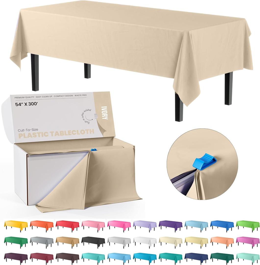 Party Solids 54 Inch X 300 Feet Ivory Plastic Table Cover Roll in A Cut - to - Size Box with Convenient Slide Cutter. Cuts Up to 36 Rectangle 8 Feet Plastic Disposable Tablecloths
