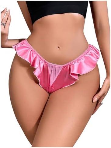 OYOANGLE Women's Silk Stain Ruffle Trim Thong Panties Low Rise No Show Underwear