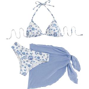 SHENHE Women's 3 Piece Floral Bikini Set with Wrap Coverup Halter Triangle Swimsuits (Medium)