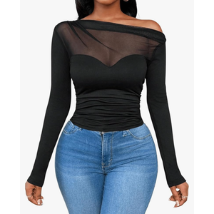 WDIRARA Women's One Shoulder Mesh Long Sleeve Tops Sexy Night Out Shirts ( Size S)